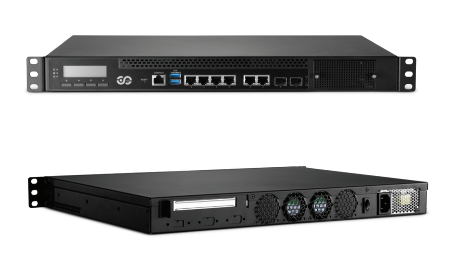 GenTech network filtering appliance, a rack-mounted 1U server, front and rear views